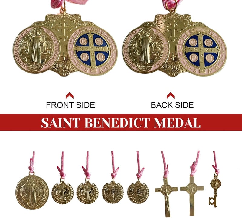 Bovemee Escapularios Catolicos,2PCS Golden Saint Benedict Medal Protection Blessing Charm, St Benedict Crucifix, Catholic Handmade Jewelry Gift Car Hanging Home Decor (2PCS Pink Medal) - Image 2